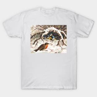 Vintage Christmas Postcard Depicting Birds in Snow T-Shirt